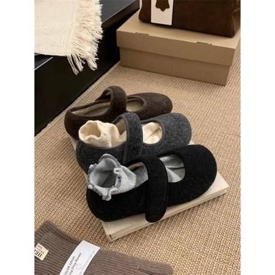 香港魔术贴毛毛鞋女冬外穿新款加绒单鞋保暖棉鞋平底玛丽珍豆豆鞋