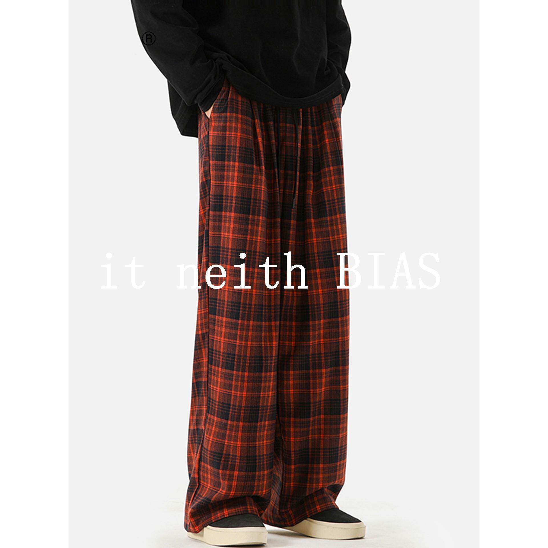 it neith BIAS王嘉尔同款格子休闲长裤男秋季美式慵懒风阔腿卫裤