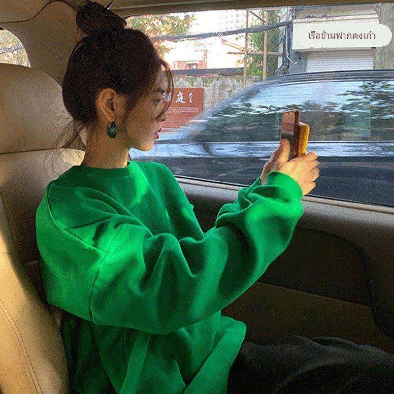 2025秋冬新款绿色卫衣女薄款韩版宽松中长款bf慵懒风加绒套头上衣