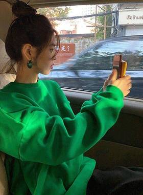 2025秋冬新款绿色卫衣女薄款韩版宽松中长款bf慵懒风加绒套头上衣