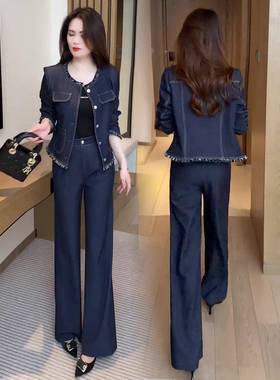 香港代购时尚牛仔套装女秋季新款时髦短款外套阔腿裤休闲两件套潮