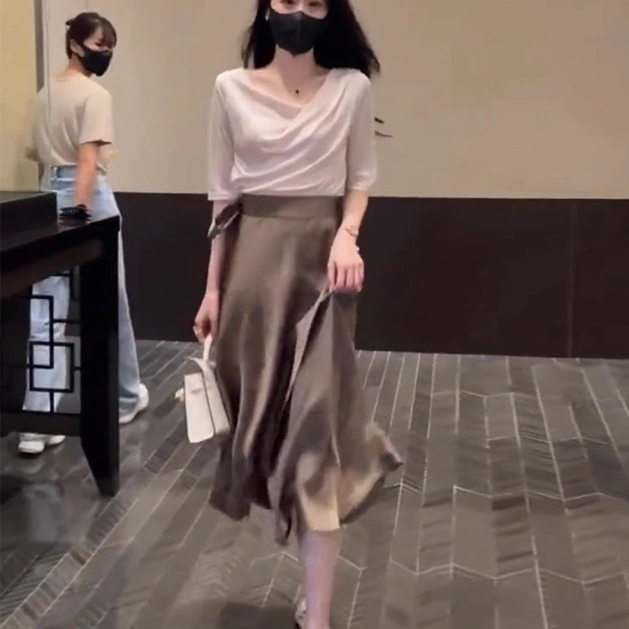 欧洲站年新款高级感名媛醋酸缎面垂感上衣一片式半身裙子两件套装