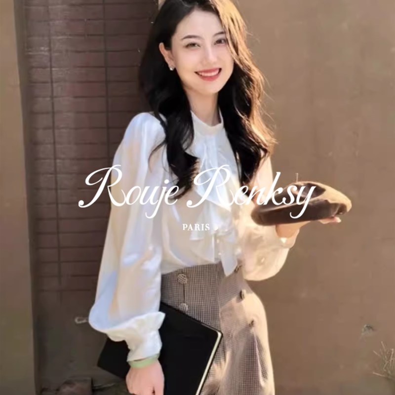 Rouje Renksy法式泡泡袖缎面气质衬衫女春高级感别致立领衬衣
