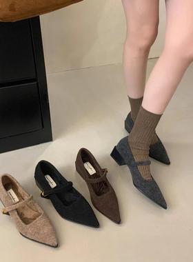 潮牌高级毛呢尖头棕色粗跟单鞋女2025秋冬中跟气质通勤晚晚奶奶鞋