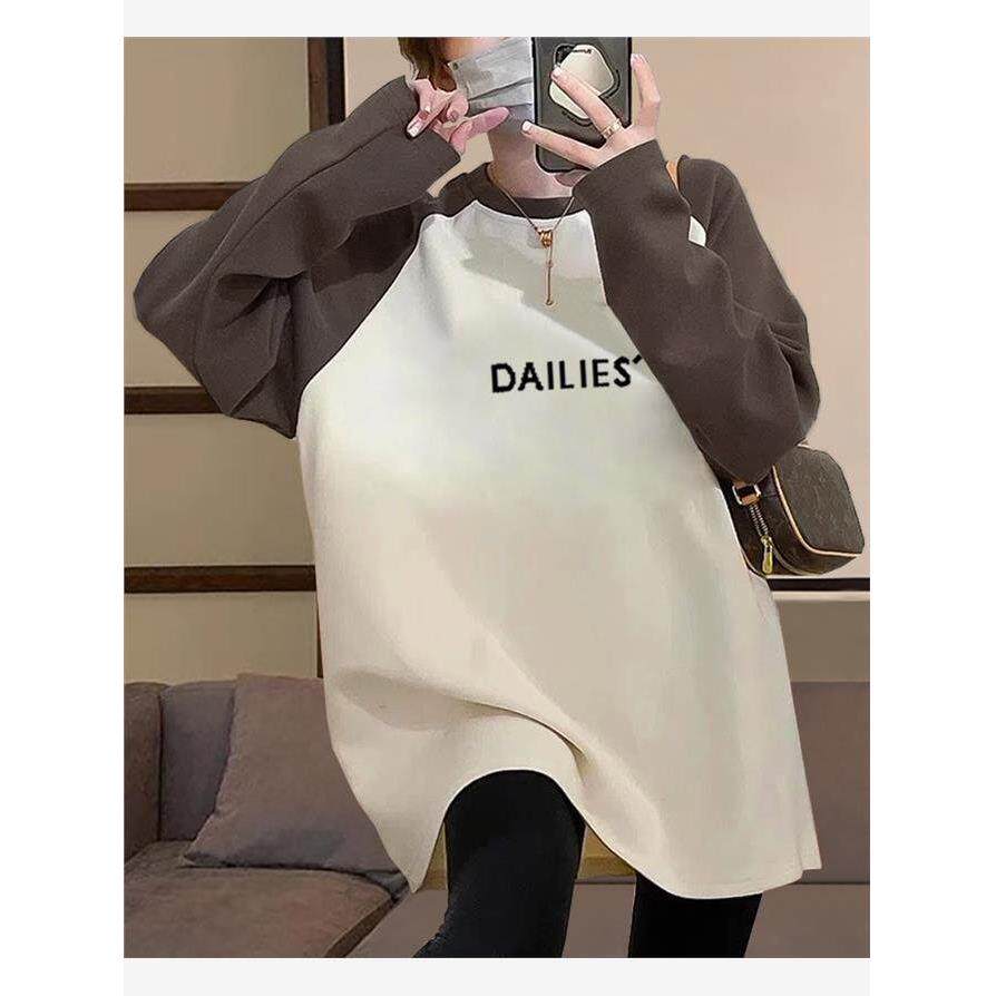 韩国插肩磨毛长袖t恤女遮屁股中长款叠穿加厚款打底衫上衣秋冬季
