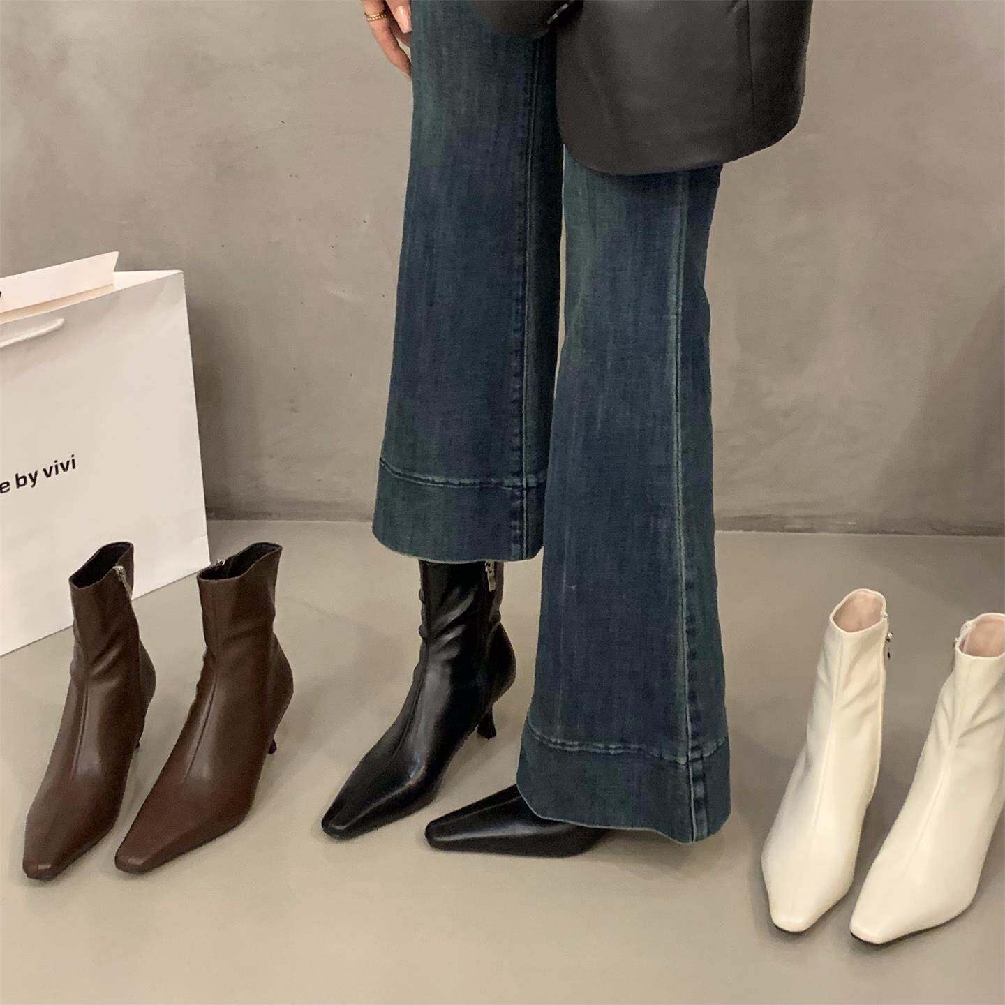 香港细跟高跟鞋瘦瘦靴短靴女靴子2025年冬季棕色配裙子法式小裸靴