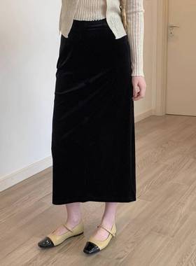 韩国丝绒直筒裙半身裙女秋冬新款金丝绒长裙半裙气质修身包臀裙子