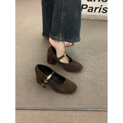 香港气质绒面高跟单鞋女秋季2025新款覆古法式圆头玛丽珍小皮鞋