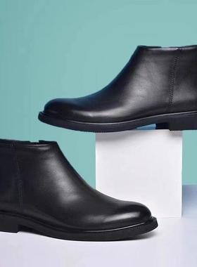 冬季保暖加绒切尔西靴男黑色真皮高帮休闲皮鞋百搭厚底套筒马丁靴