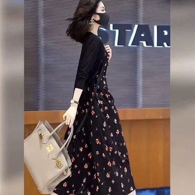 秋季新款法式高级感V领长裙黑色碎花吊带连衣裙开衫两件套