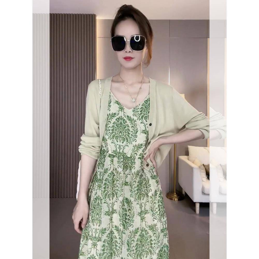 欧洲站春季2025新款气质碎花吊带裙外搭开衫穿搭连衣裙两件套女装