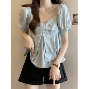 胖毫米宽松雪纺 蓝色衬衫 法国罗杰塔斯大尺寸 腹部覆盖方领蓬松袖