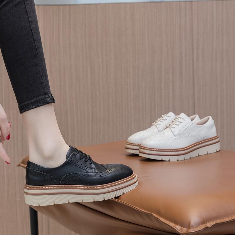 香港潮牌真皮布洛克休闲系带小皮鞋女2025春秋新款英伦风厚底白色