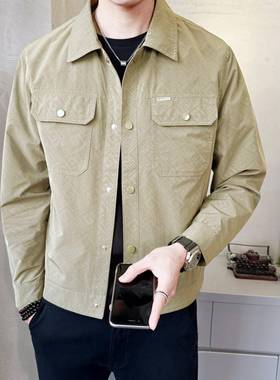 春秋韩版工装外套男修身潮流印花高端男士翻领短款休闲夹克薄款帅