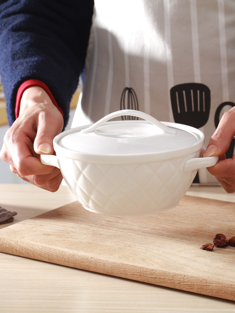 Ceramic water-proof stew pot Microwave oven steamed egg bowl with lid Household small bird's nest dessert binaural steamed bowl male