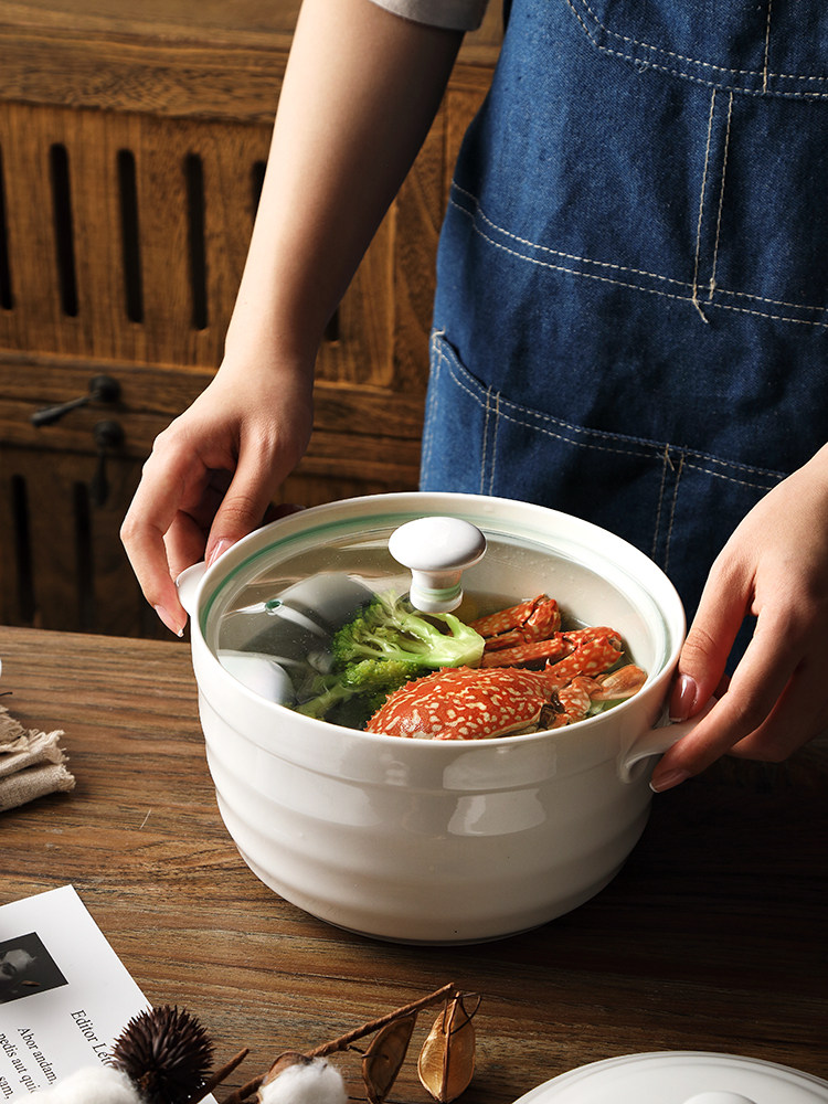 Household Nordic 8-inch double-ear ceramic soup bowl Microwave soup pot with lid Creative large solid color Sheng bowl male