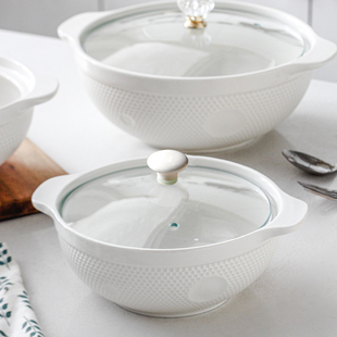 家用高级感陶瓷双耳汤碗带盖 2025新款一人小号盛汤盆微波炉大号