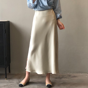 垂感醋酸缎面半身裙女2023新款小个子开叉裙松紧高腰中长款包臀裙
