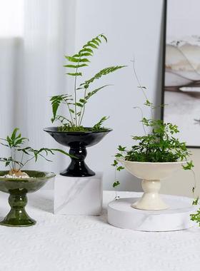 欧式高脚茶席插花陶瓷花盆白色高足禅意浴室苔鲜球盆景蕨类花盘
