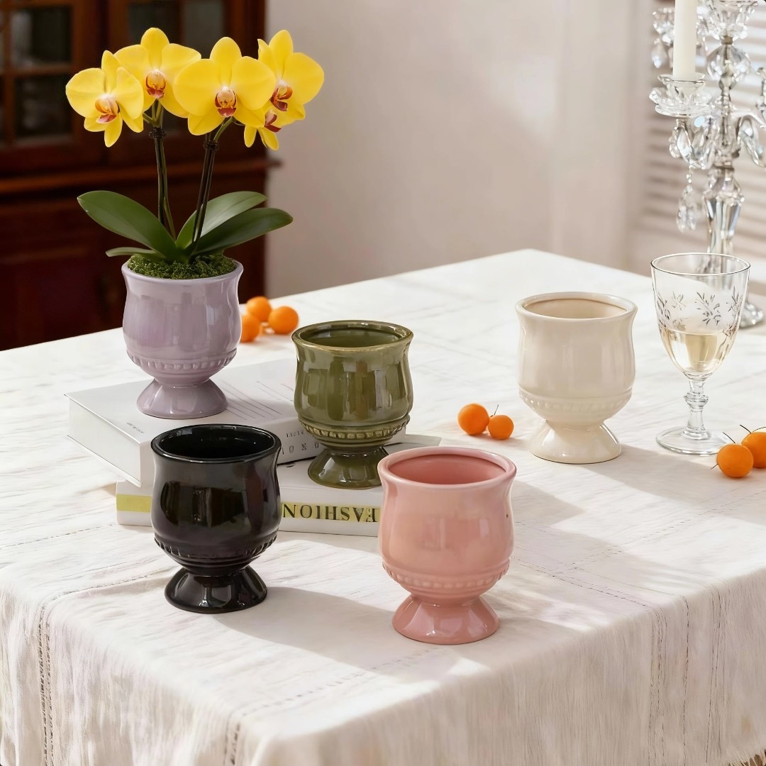 欧式文心兰梦香兰兜兰陶瓷花盆宝绿色浮雕奖杯中古北欧家居摆件