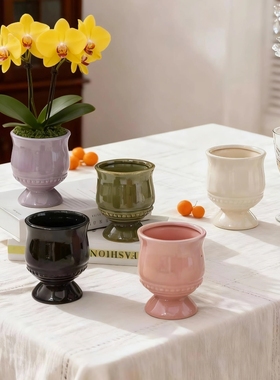 欧式文心兰梦香兰兜兰陶瓷花盆宝绿色浮雕奖杯中古北欧家居摆件