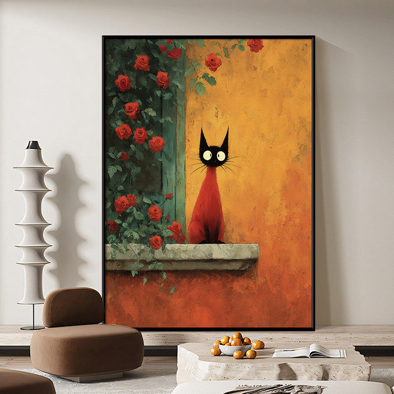 玫瑰花猫咪复古客厅装饰画抽象艺术手绘油画小众沙发美式玄关挂画