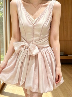 糖与盐FLORET 甜美风蝴蝶结连衣裙女夏季新款浅紫色无袖蓬蓬裙