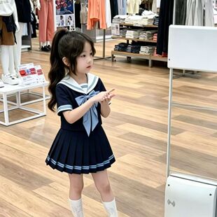 女童学院风水手服套装2026夏季新款蝴蝶结海军领短袖衬衫百褶裙