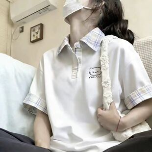 纯棉中大童夏季女童polo衫撞色短袖学生宽松简约可爱上衣t恤