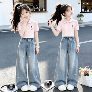 女童新款Polo衫短袖2026洋气学院风套装儿童爱心牛仔裤两件套爆款