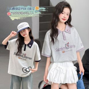 女童新款时尚印花字母短袖夏季polo衫洋气学院风韩版宽松学生T恤