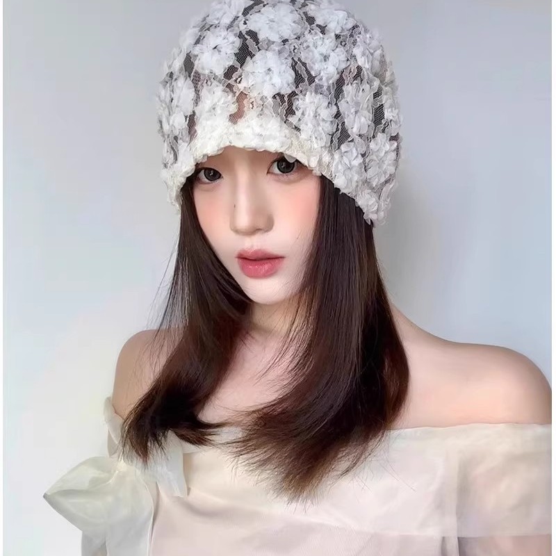 白色花朵蕾丝包头帽女春夏季薄款