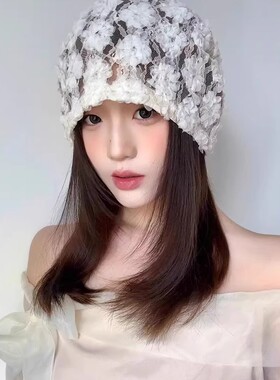 白色花朵蕾丝包头帽女春夏季薄款