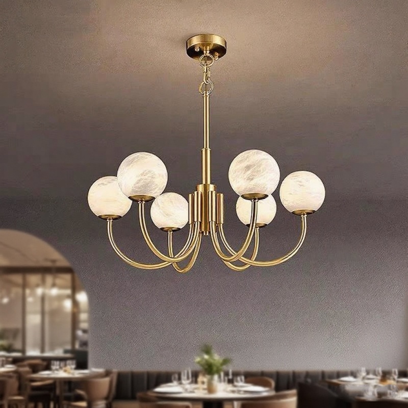 新中式全铜云石魔豆圆球枝形吊灯现代别墅样板房客厅餐厅卧室灯