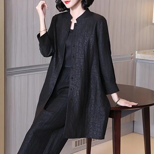 妈妈真丝立领衬衫女长袖纯色中长款国风黑色通勤气质显瘦高端上衣