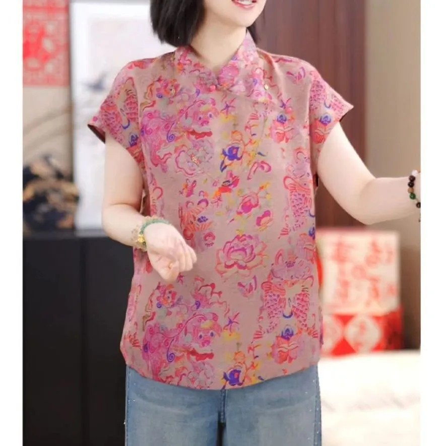 新中式印花真丝短袖上衣衬衫女轻奢百搭夏桑蚕丝国风复古洋气半袖