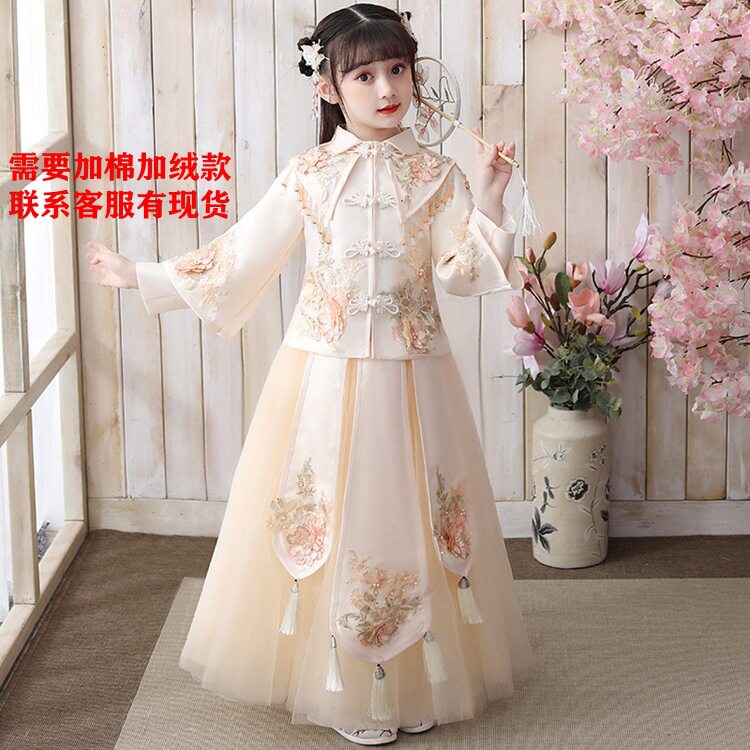 汉服女童冬款加绒儿童古装超仙唐装加厚旗袍女孩拜年服套装冬季