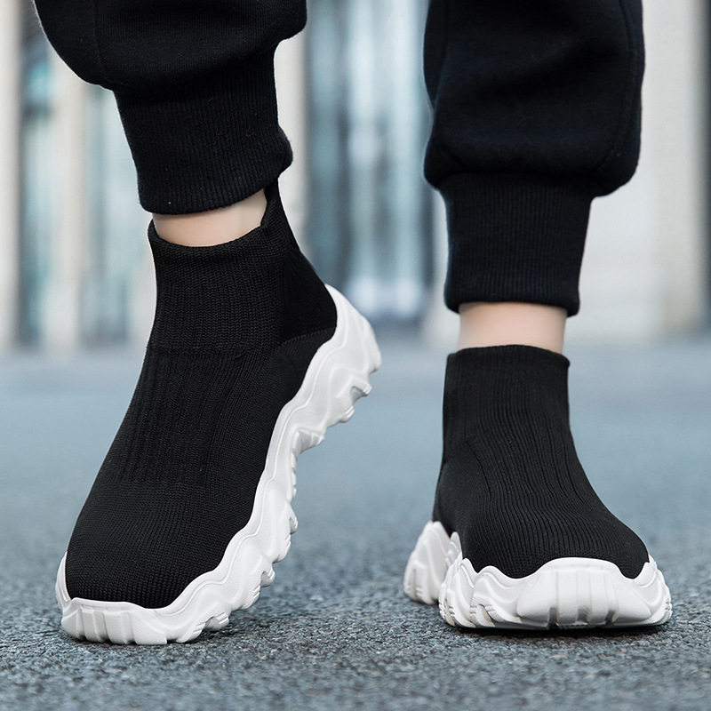 儿童高帮袜子鞋男童鞋中大童飞织厚底运动休闲鞋小女孩短靴潮黑色