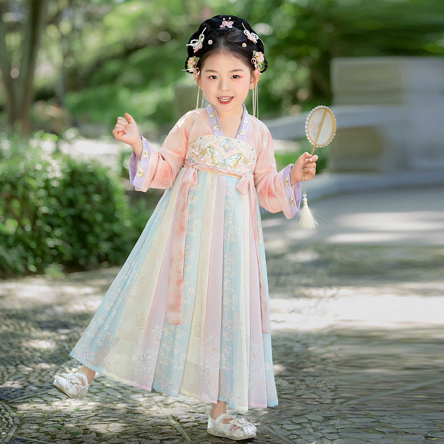 春季古风汉服女童齐胸襦裙仙气花卉刺绣系带公主裙中国风连衣裙子