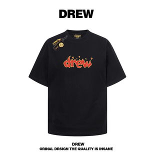 夏季 drew美式 潮牌火焰字母短袖 t恤男女情侣装 上衣INS 宽松纯棉半袖