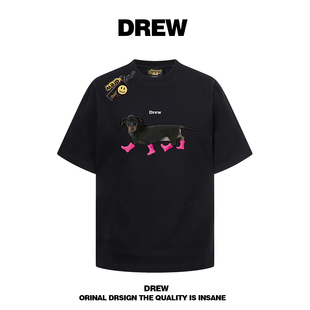 drew美式 T恤男女街头宽松百搭纯棉情侣上衣INS 潮牌腊肠狗印花短袖