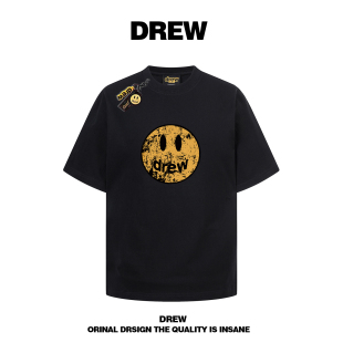 街头宽松半袖 drew美式 夏季 t恤男女情侣装 INS 潮牌复古做旧笑脸短袖