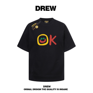 drew美式 T恤男女情侣休闲宽松bf风纯棉上衣INS 潮牌OK字母印花短袖