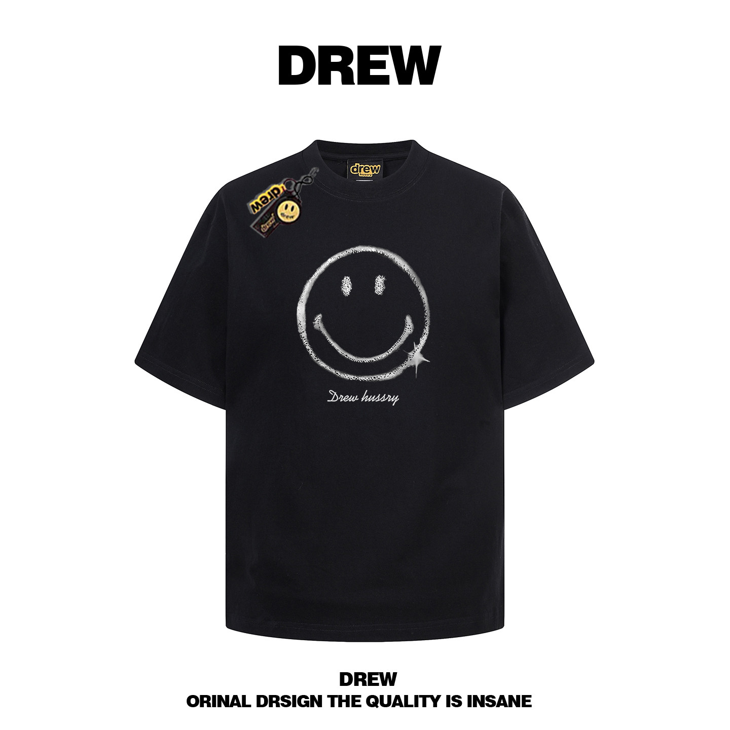 drew美式潮牌笑脸印花短袖t恤男女情侣街头宽松百搭重磅纯棉上衣 - 实物图