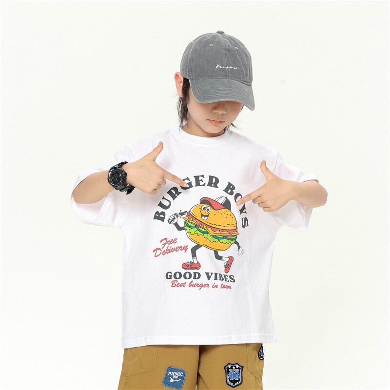 童装短袖2026春夏新款男童中大童汉堡印花宽松短美式休闲打底T恤