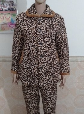 2024年大码豹纹小翻领长袖套装棉衣八片立体裁剪收腰家居服