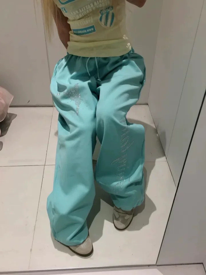 韩系烫钻阔腿卫裤女爵士垂感松弛慵懒拖地裤嘻哈显瘦休闲跳舞长裤