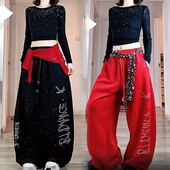 美式 爵士jazz跳舞长裤 撒金烫钻字母休闲裤 街舞嘻哈宽松直筒阔腿裤