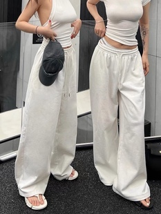 美式 运动裤 白色卫裤 阔腿长裤 子 宽松垂感直筒裤 街舞hiphop爵士长裤