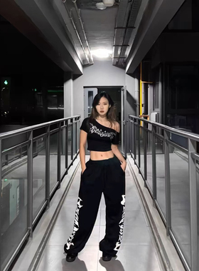 美式宽松休闲卫裤hiphop街舞爵士长裤嘻哈直筒阔腿裤高腰跳舞裤子